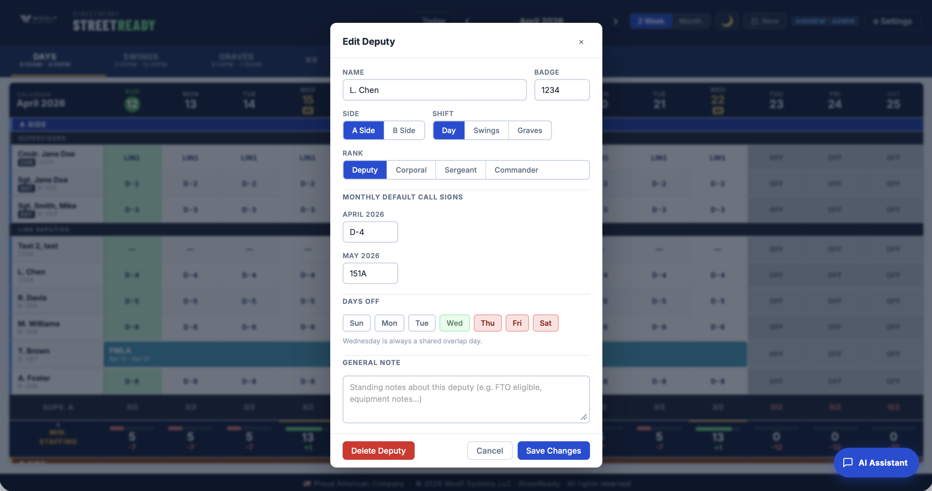 StreetReady edit deputy modal — name, badge, side, shift, rank, call signs, days off, and notes