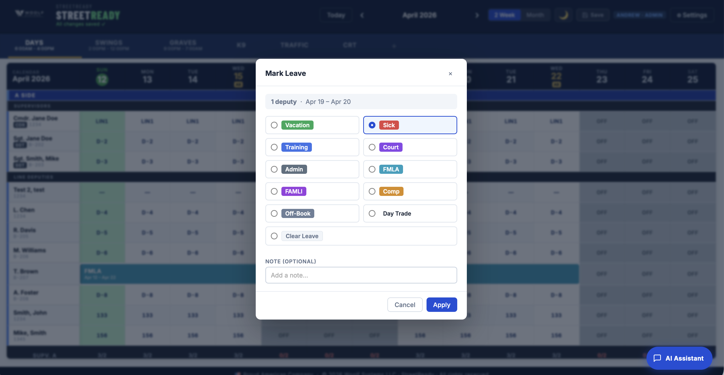 StreetReady mark leave modal — vacation, sick, FMLA, court, admin, and training leave types