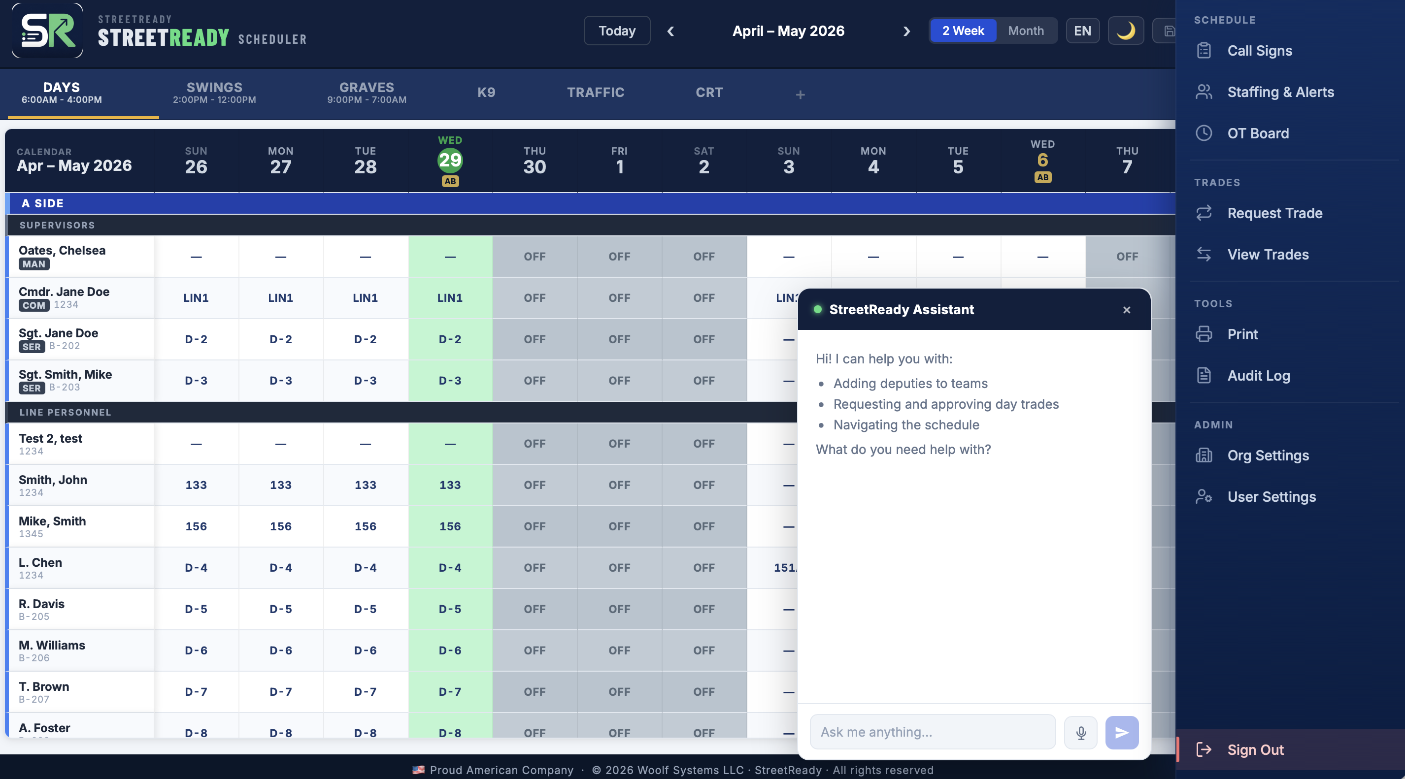 StreetReady navigation menu open — Schedule, Trades, Tools, and Admin sections alongside the in-app AI Assistant chat panel