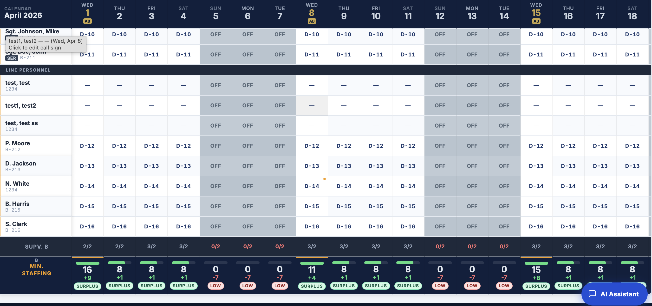 StreetReady full month roster — line personnel by side, real-time staffing minimums row with surplus/low indicators, and a "click to edit call sign" tooltip